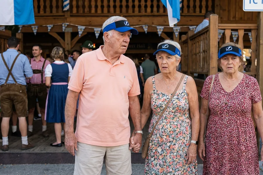 The Florida Retiree Couple: a white couple in their early 70s, matching Tampa Bay Lightning visors, the man in a pastel salmon shirt, the woman in a linen sundress, both with absolute confusion in their expression, photographed at the Festhalle entrance.