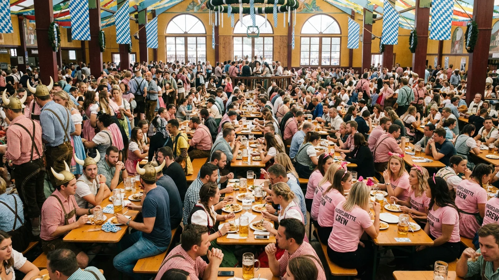 The Festhalle main floor at 4:20 p.m. on a 2025 Oktoberfest Saturday, peak-concentration hour. All eleven types, per this reporter's direct observation, are present in the frame. (Photo: Bavarian Brainrot / Romi Fitzgerald)