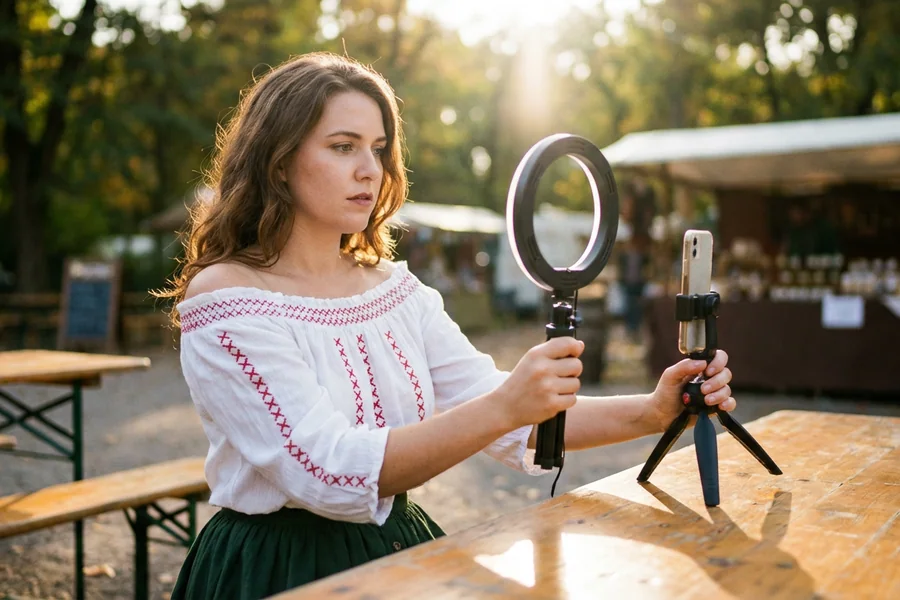 The Influencer: a white woman in her mid-20s, professionally done hair, an off-the-shoulder white peasant blouse with elaborate embroidery, holding a ring light on a small tripod, photographed posing at a strategically weathered wooden beer bench.