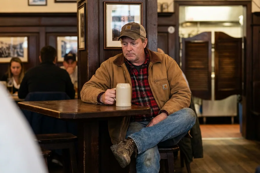 The Local: a white man in his late 40s, carhartt jacket, baseball cap, work boots, holding a single plain beer stein and making no effort to socialize, photographed at a small corner table near the Festhalle kitchen entrance.