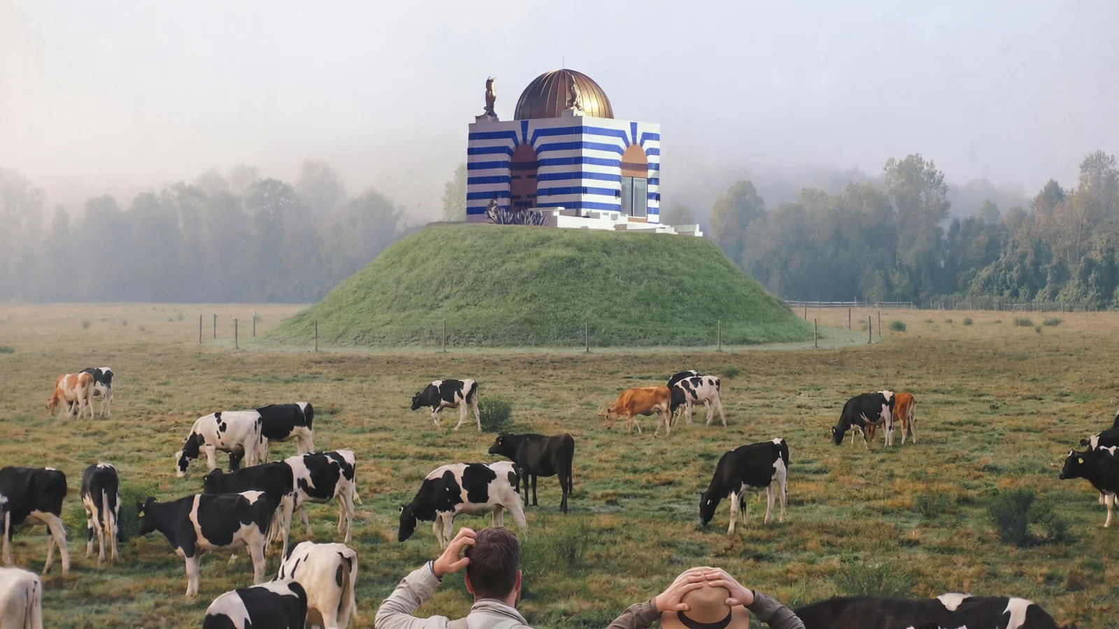 The new 22-foot glass-and-marble rotunda, photographed Wednesday afternoon from Highway 17. The 1985 gazebo is, as of this writing, no longer on the mound. (Photo: Bavarian Brainrot / Margaret Holcomb)
