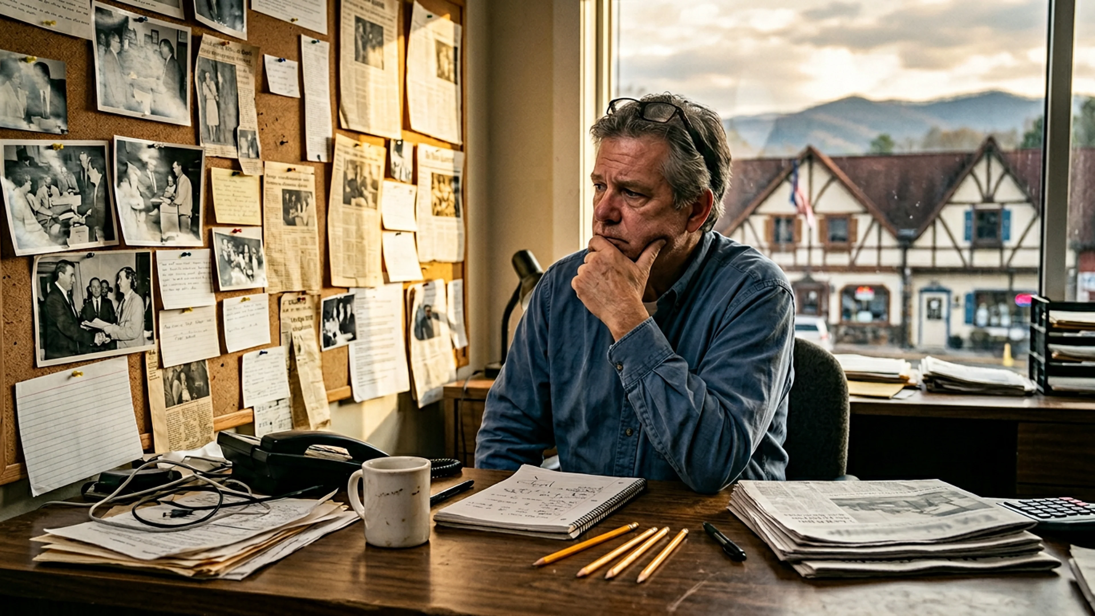 The editorial desk of this publication, Saturday afternoon, at which this list was compiled. Visible: a coffee mug with the slogan 'IT IS FINE,' a spiral-bound notebook, three sharp pencils, and a stack of four Bavarian Brainrot issues. The list, as printed, required two drafts. (Photo: Bavarian Brainrot / Edmund Crowe)