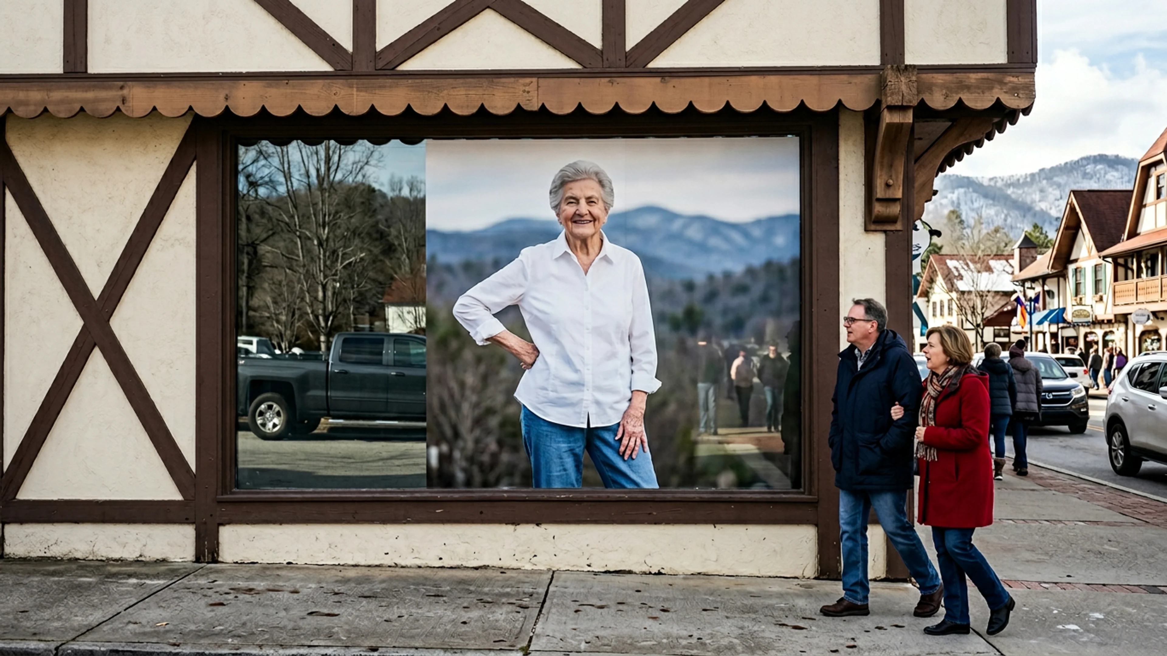 The north-facing display window of Bodensee Apparel at 1042 Main Street, Helen, Saturday morning, approximately one hour after installation. Mrs. Brunnstein's pose, per her daughter Ilse's direction, matches Ms. Sweeney's original frame-for-frame. The alpine scenery behind Mrs. Brunnstein in the replica is, per Ilse Brunnstein, 'actually a view from Mount Yonah.' (Photo: Bavarian Brainrot / Romi Fitzgerald)