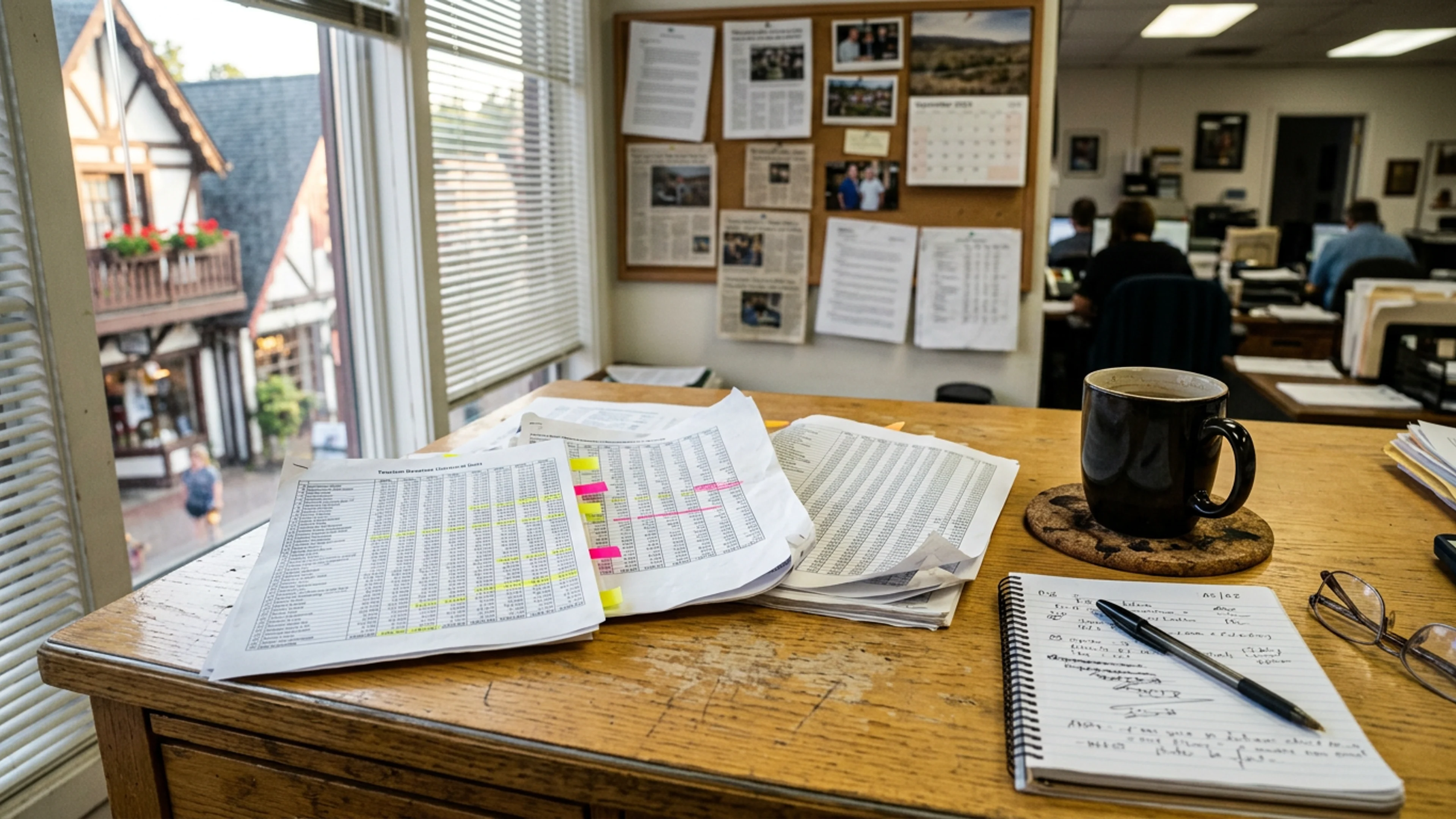 My desk at the newsroom, Friday afternoon, bearing the three spreadsheets — 2019-2025 Chamber of Commerce tourism-revenue historicals, White County FY2024-FY2025 variance-log summaries, and the Helen Business License renewal roster for calendar 2026 — that together constitute, per my own professional practice, the primary source base for a 2026 outlook. (Photo: Bavarian Brainrot / Tasha Pemberton)