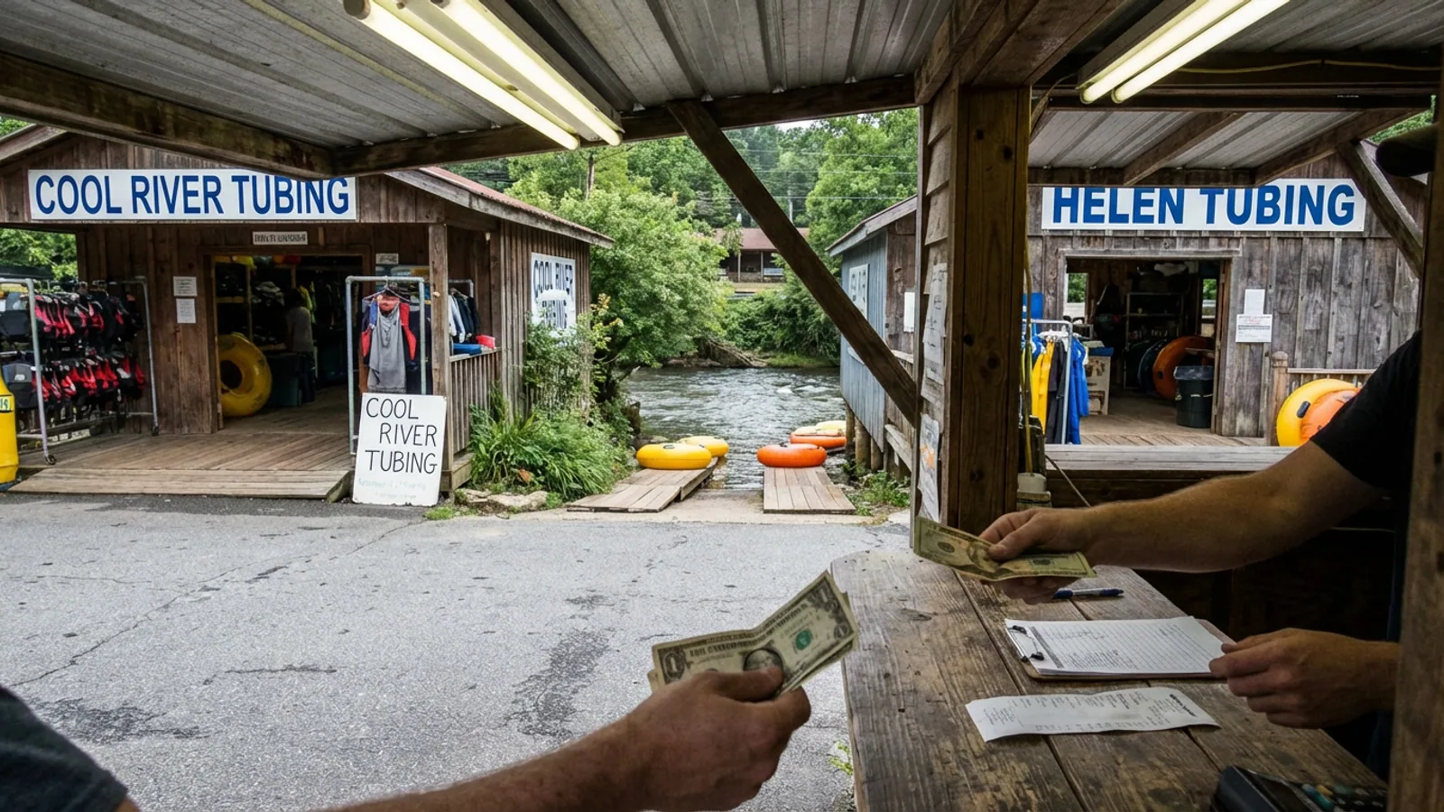 The Cool River launch ramp (left) and the Helen Tubing launch ramp (right), photographed from a pedestrian bridge at 4:12 p.m. Sunday. The ramps are 410 feet apart. They have not, in 31 years, coordinated signage. (Photo: Bavarian Brainrot / Tasha Pemberton)