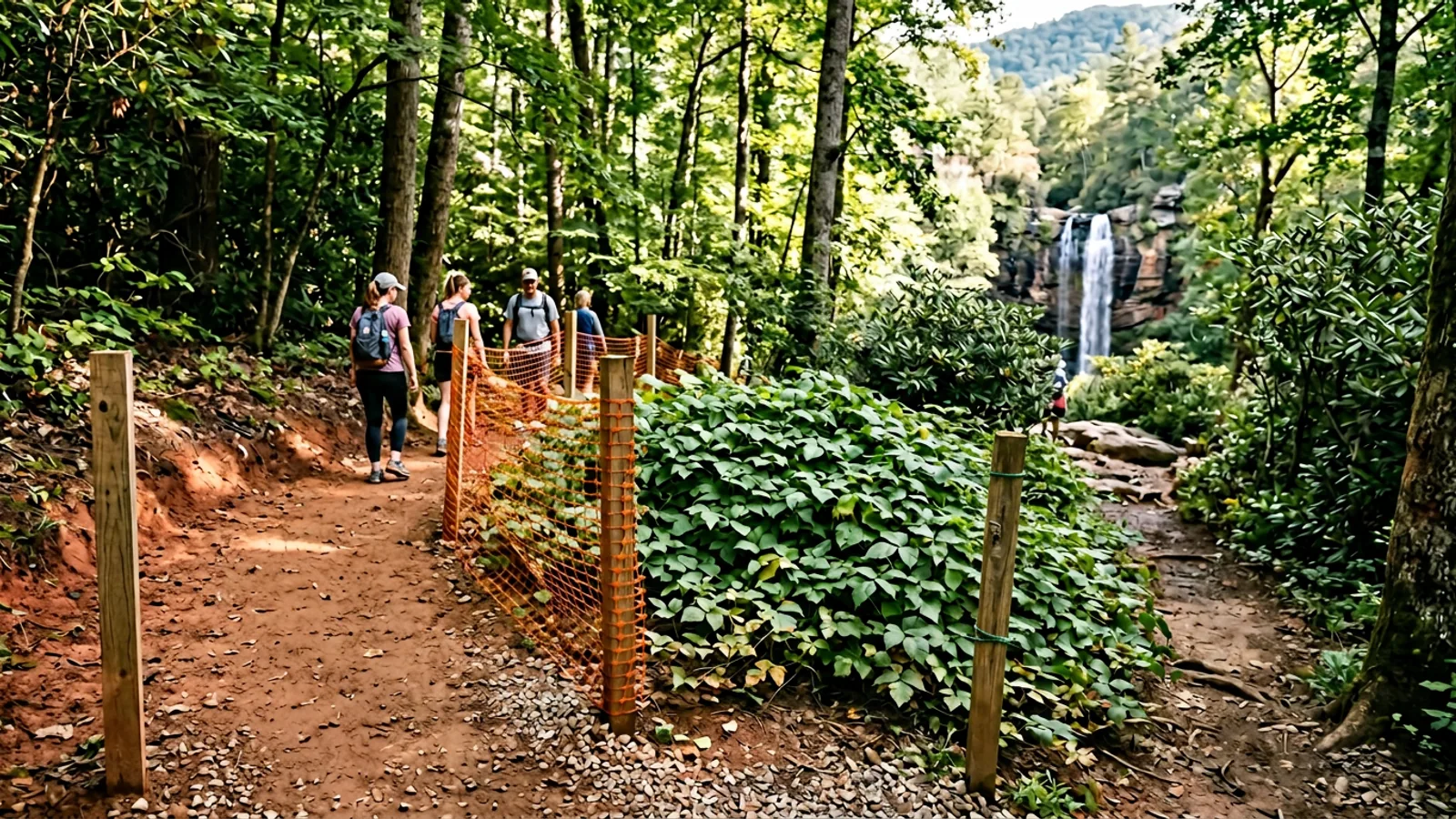 The rerouted approach trail at Toccoa Falls, photographed Wednesday morning. The new trail segment is marked with fresh gravel and wooden post markers. (Photo: Bavarian Brainrot / Margaret Holcomb)