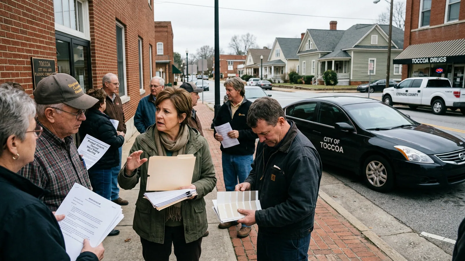 A representative section of the Toccoa Historic District, Friday morning, showing a range of currently-permitted vinyl-siding color values. (Photo: Bavarian Brainrot / Margaret Holcomb)