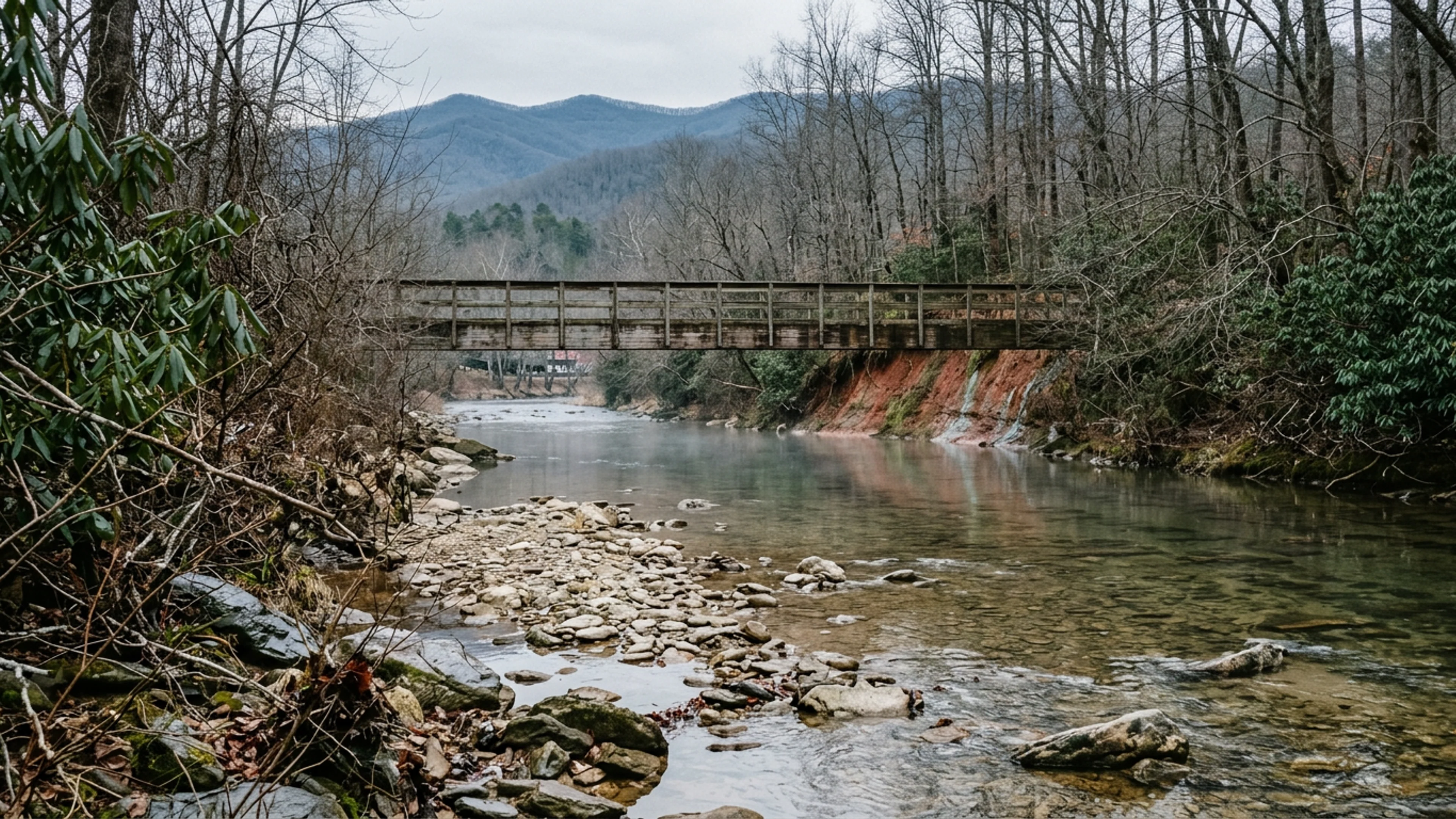 The Chattahoochee River's Helen section, at the Robertstown Road bridge gauge, Thursday morning. Water temperature: 38°F. Flow rate: 27 cfs, per the USGS gauge. Water depth at the bridge: 1.4 feet. There are no fingerlings. (Photo: Bavarian Brainrot / Garrett 'Buck' Pendergrass)