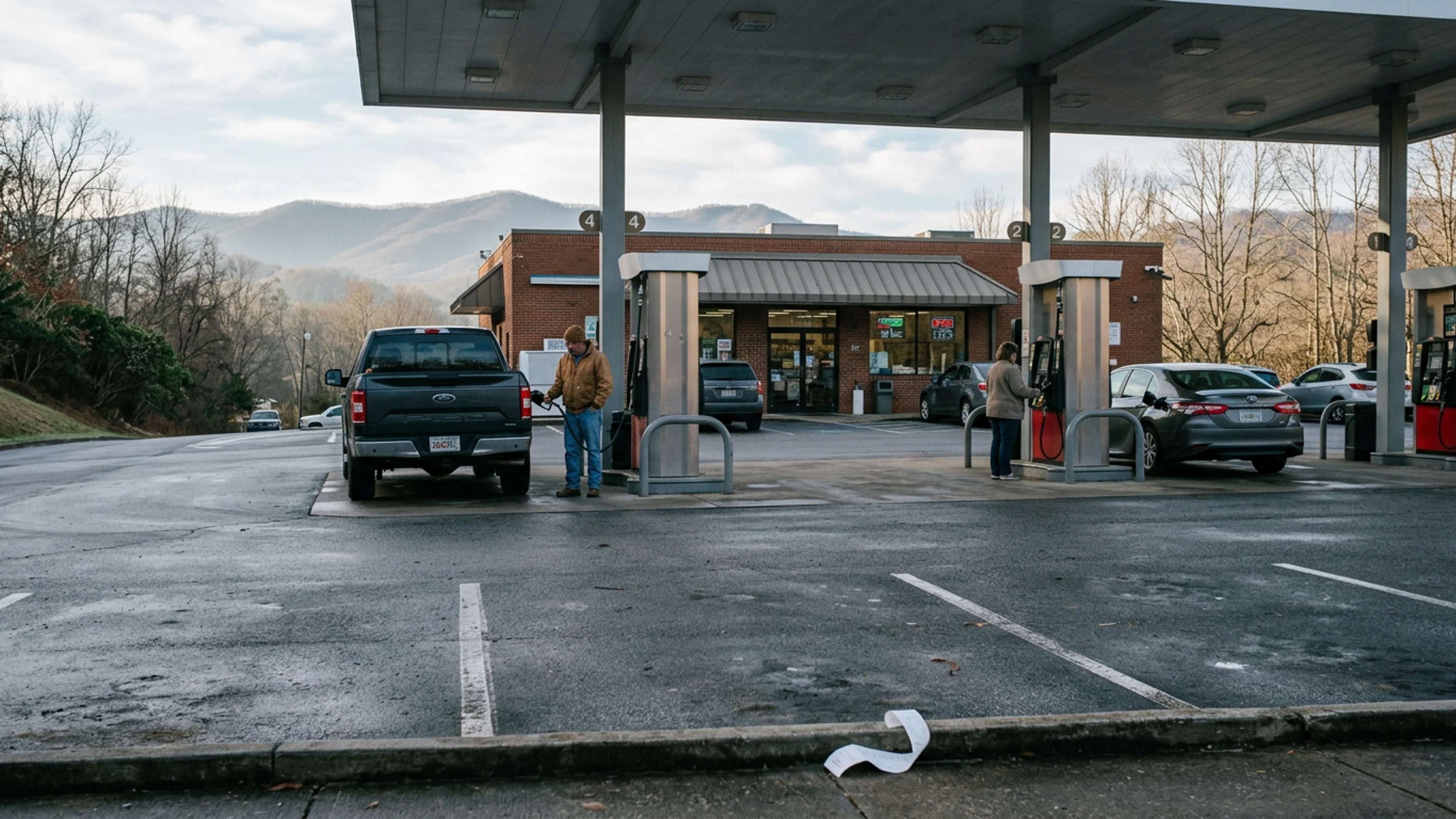 The RaceTrac at 2040 South Main Street, Cleveland, White County, at approximately 8:00 a.m. Tuesday morning, five hours after the encounter. The parking space closest to the station's front entrance (foreground) is where, per Ms. Hegman, the silver Escalade had parked. The station was, at the time of this photograph, under normal Tuesday-morning operation. (Photo: Bavarian Brainrot / Connor McAllister)