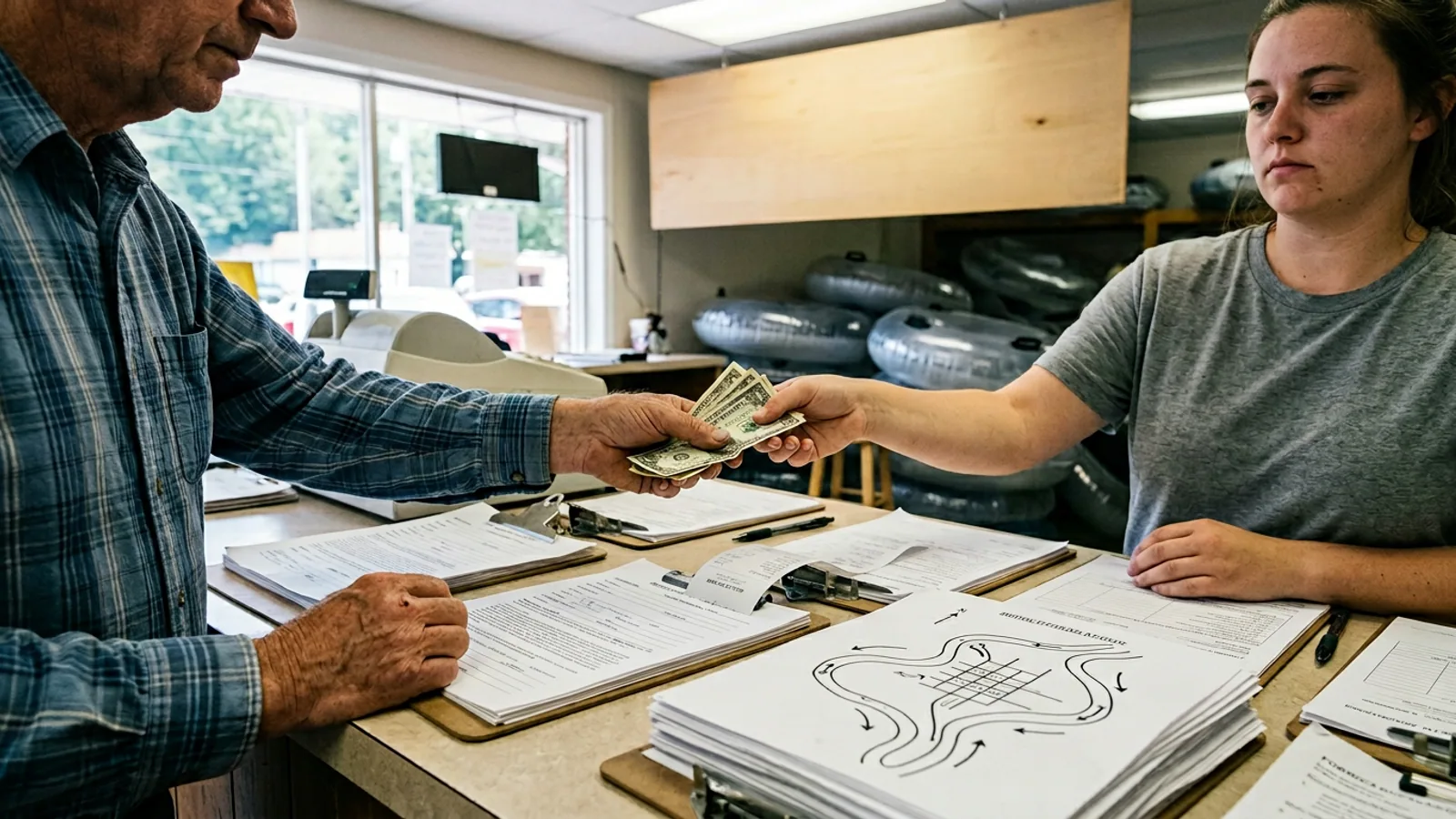 Helen Police and Cool River Tubing staff coordinate the dislodging operation at the Edelweiss Strasse footbridge, Sunday afternoon. (Photo: Bavarian Brainrot / Garrett Pendergrass)
