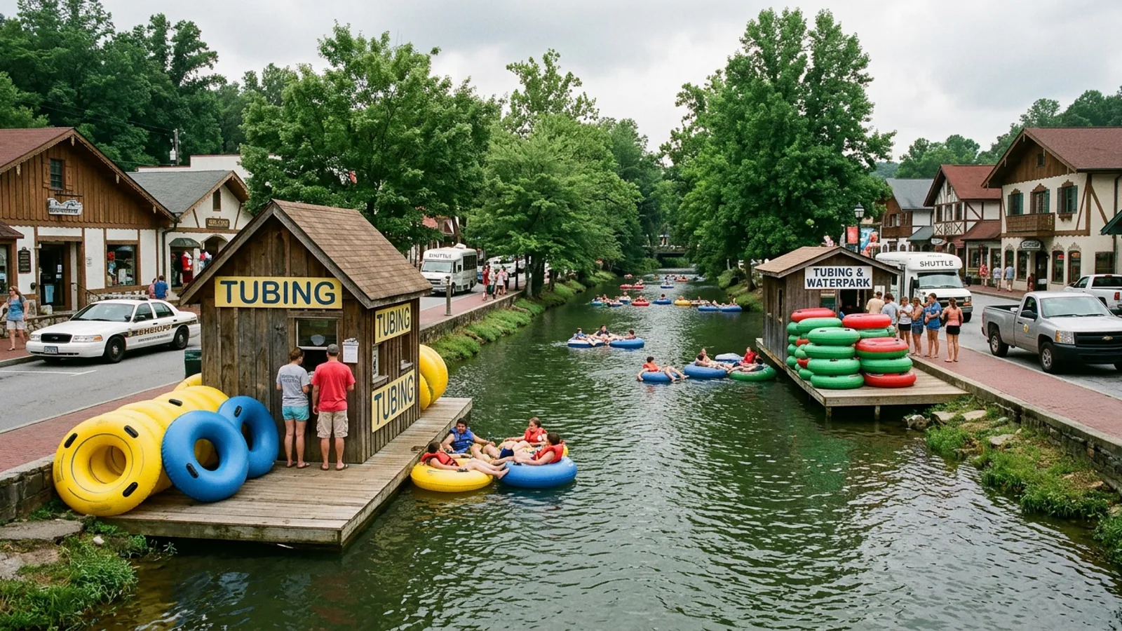 Rate-card signage at the Cool River Tubing staging area on Edelweiss Strasse, photographed in August 2025. The posted Saturday adult rate is $26.50. Helen Tubing and Waterpark's posted Saturday adult rate, as of the same date, is also $26.50. It has been $26.50 at both facilities since April 2022. (Photo: Bavarian Brainrot / Margaret Holcomb)