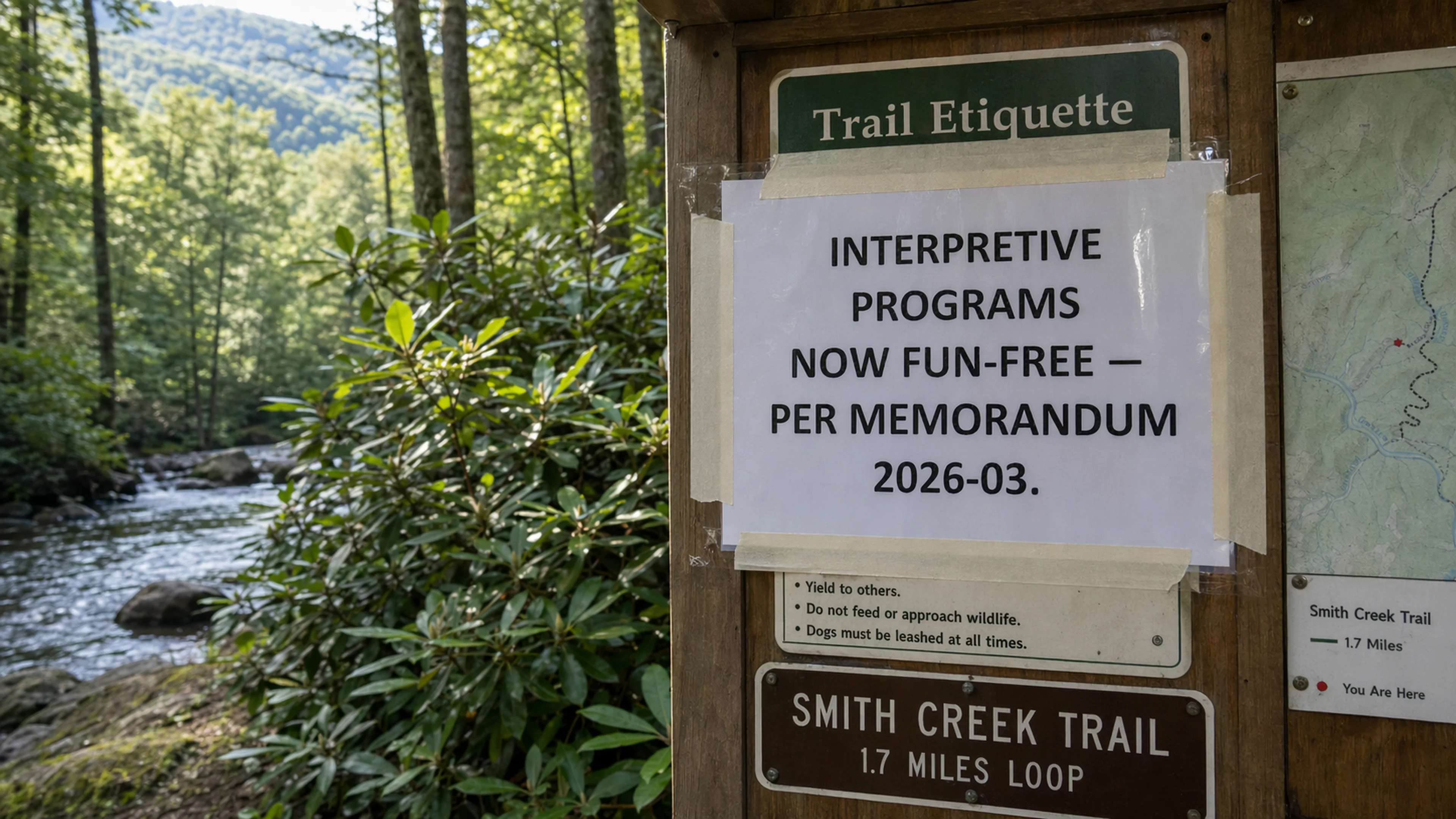 The trailhead kiosk at Unicoi State Park's Smith Creek Trail, photographed at 7:14 a.m. Saturday, showing the freshly affixed laminated notice reading 'INTERPRETIVE PROGRAMS NOW FUN-FREE — PER MEMORANDUM 2026-03.' The notice is taped, per park sign-shop standards, with archival linen tape over the existing 'Trail Etiquette' placard. (Photo: Bavarian Brainrot / Margaret Holcomb)