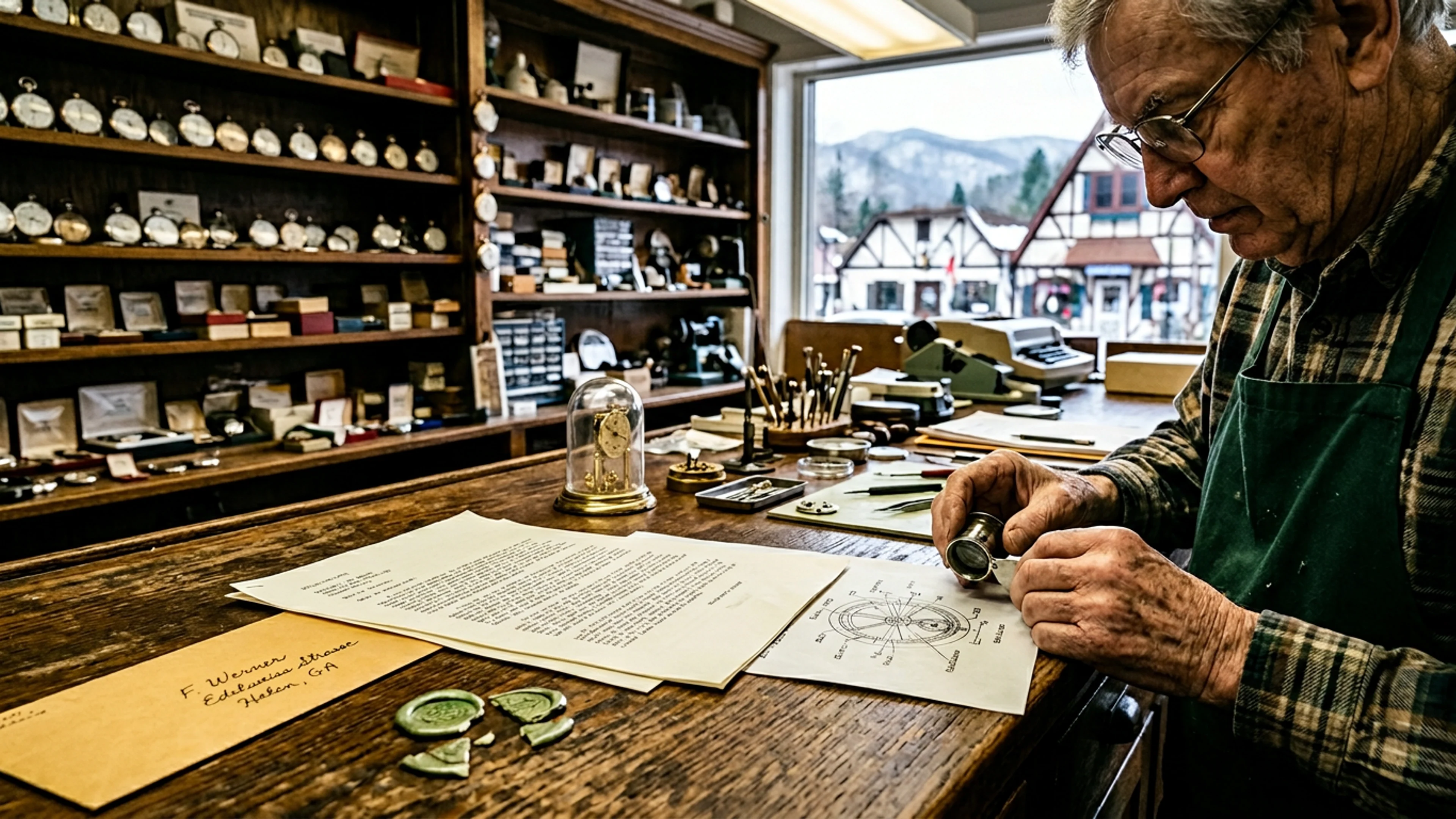 Page 3 of Mr. Norbert Kellner's January 5 letter, photographed on the counter of Kellner & Sons Timepieces, Friday afternoon. A hand-drawn diagram of his grandfather's 1951 oscillator concept is visible in the lower half of the page. The page's margins bear, in Mr. Kellner's own Spencerian-style script, three additional notes; the longest reads: 'The escapement is, in a real sense, a spin system.' (Photo: Bavarian Brainrot / Tasha Pemberton)