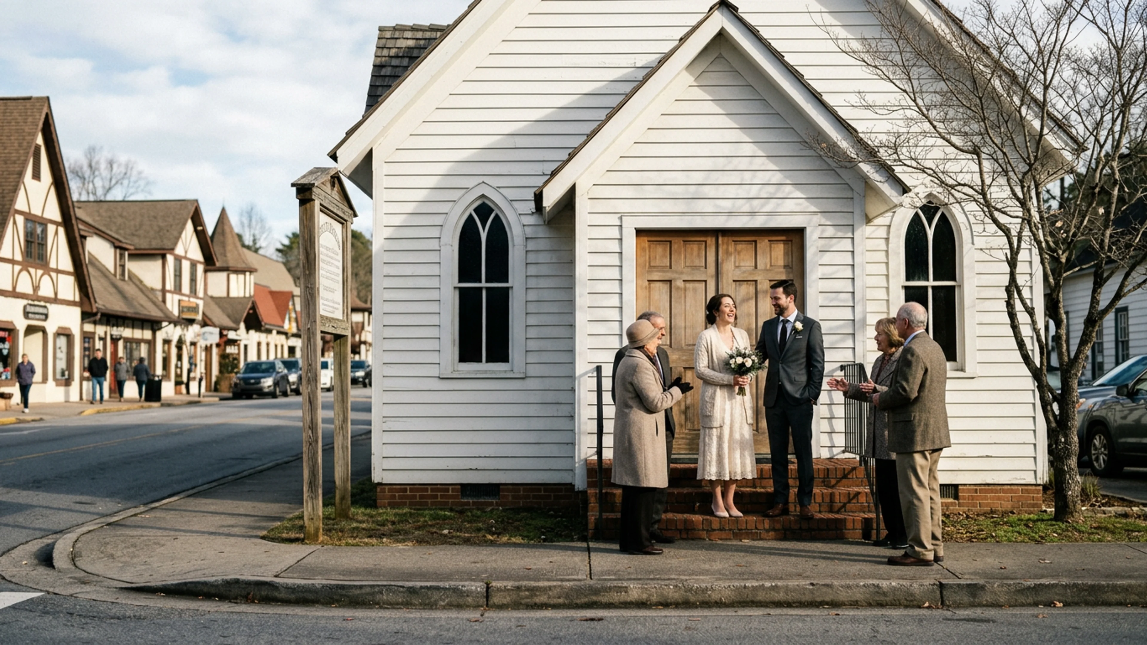 The Helen Chapel on Main Street, a non-denominational wedding chapel popular for small-ceremony weddings, Saturday morning, between ceremonies. The chapel's white clapboard exterior is visible, as is its prominent corner sign. (Photo: Bavarian Brainrot / Romi Fitzgerald)