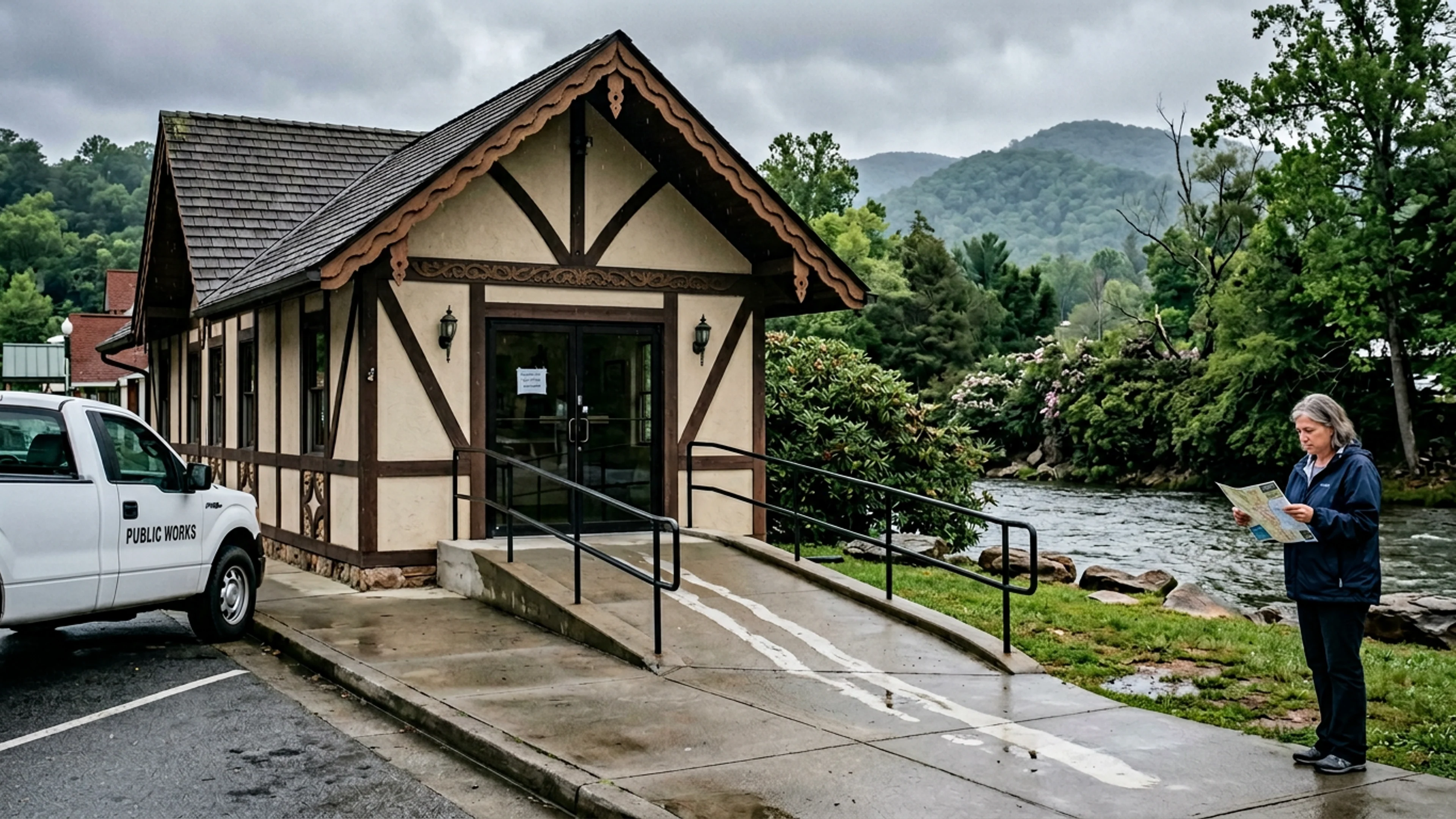 The Helen Welcome Center's front entrance, photographed Monday morning. A handwritten sign, taped inside the glass at approximately 8:15 a.m. Monday, reads: 'PLEASE REMOVE SHOES BEFORE ENTRY AND GRIP THE HANDRAIL. DO NOT LOOK DOWN THE RAMP.' The sidewalk below the ramp shows two fresh wet marks oriented toward the river. (Photo: Bavarian Brainrot / Margaret Holcomb)