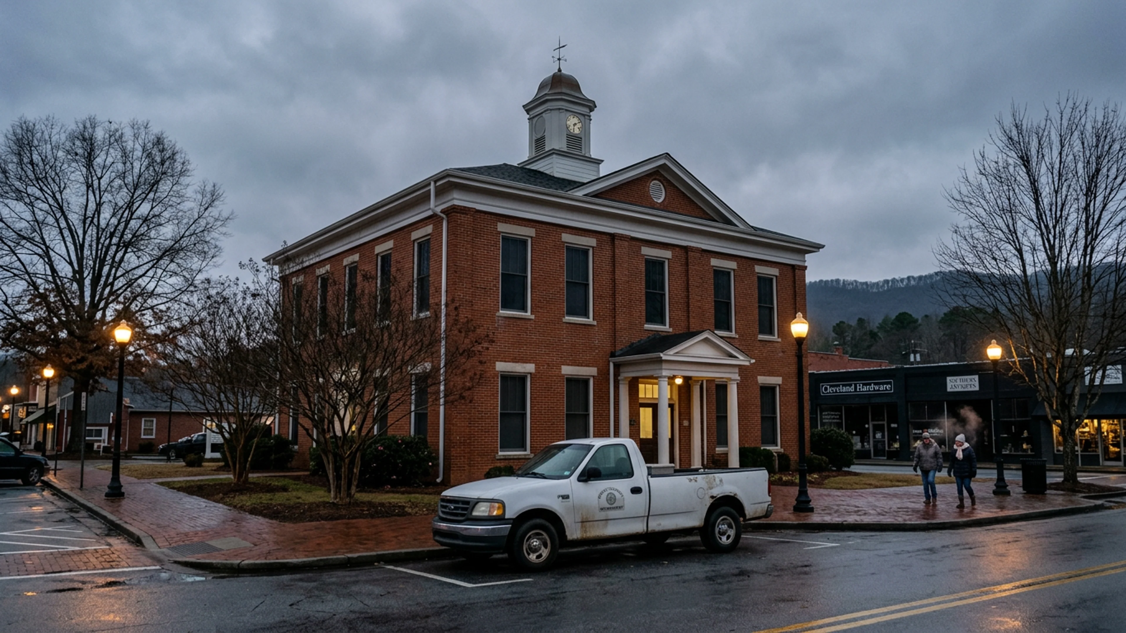 The upstairs community room of the White County Historic Courthouse at approximately 6:47 p.m. Wednesday, January 16, 2026. The room is empty. The temperature is, per the building's wall-mounted thermostat, 61°F. A sign on the door reads 'BOC MEETING POSTPONED — NEXT MEETING FEBRUARY 18.' (Photo: Bavarian Brainrot / Margaret Holcomb)