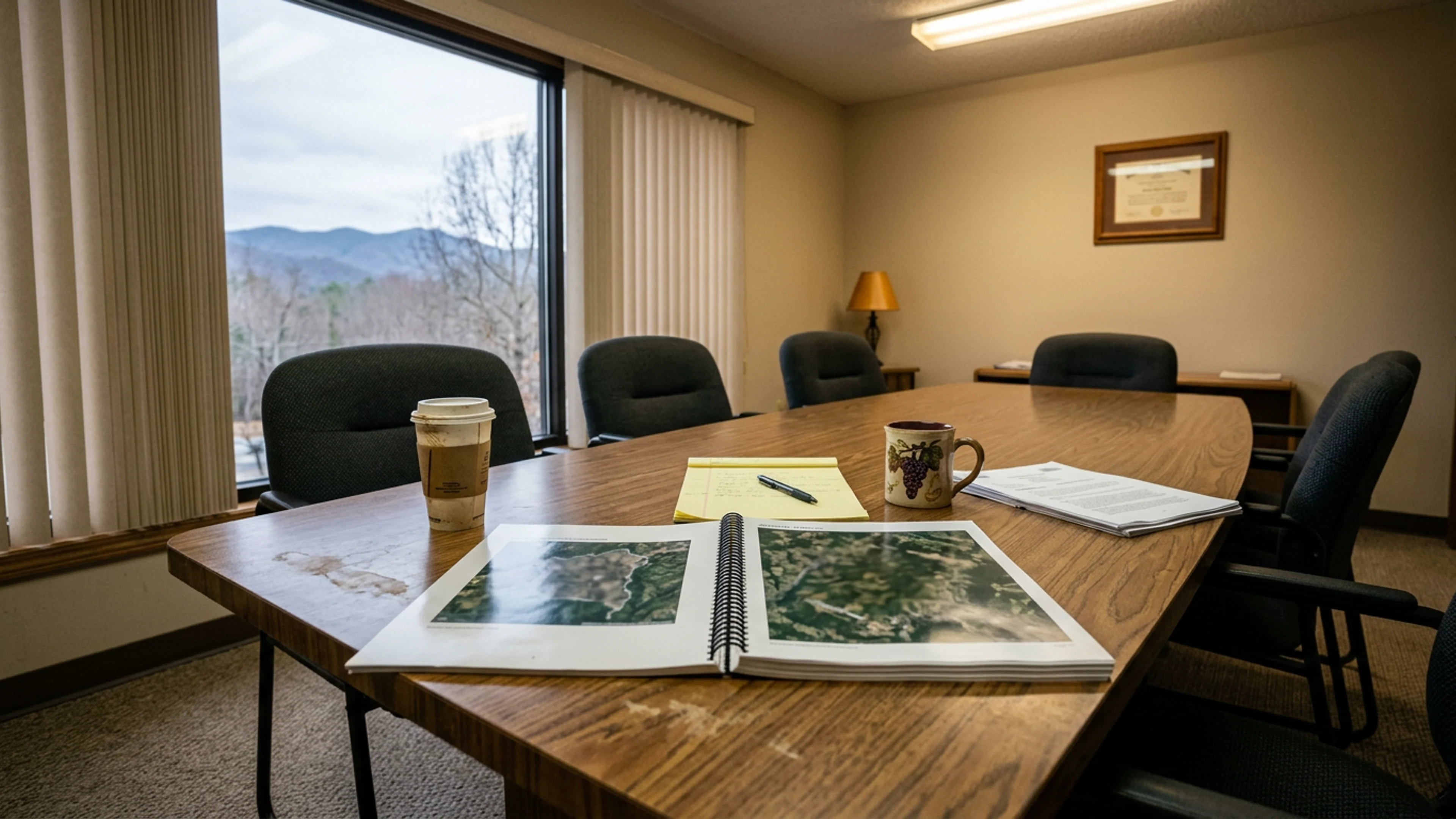 Exhibit B from the North Georgia Wine Trail Association's 2025 Annual Report, photographed on the association's conference-room table Thursday afternoon. The side-by-side satellite comparison shows the North Georgia AVA (left) at approximately 1:30 the on-page size of the Napa Valley AVA (right). The report's caption, small and below the image, reads 'not drawn to the same scale.' (Photo: Bavarian Brainrot / Tasha Pemberton)