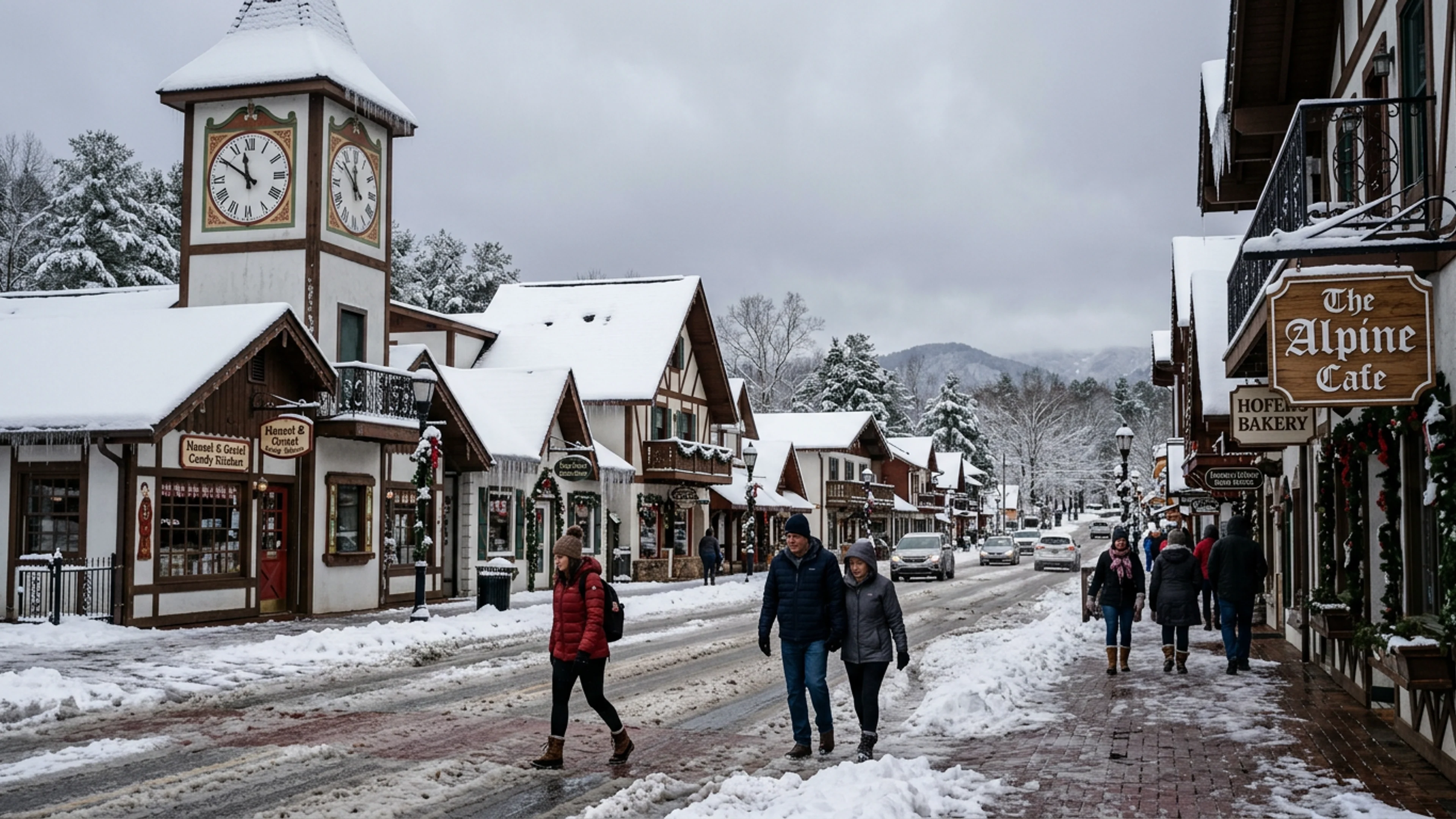 Downtown Helen at approximately 11:00 a.m. Sunday morning, January 25, after the second of the two back-to-back snow systems had passed. The Glockenspiel (left of frame, three-quarters elevation) is visible. Its hands, this reporter can confirm by comparison with a cell-phone timestamp, read 11:01. (Photo: Bavarian Brainrot / Garrett 'Buck' Pendergrass)