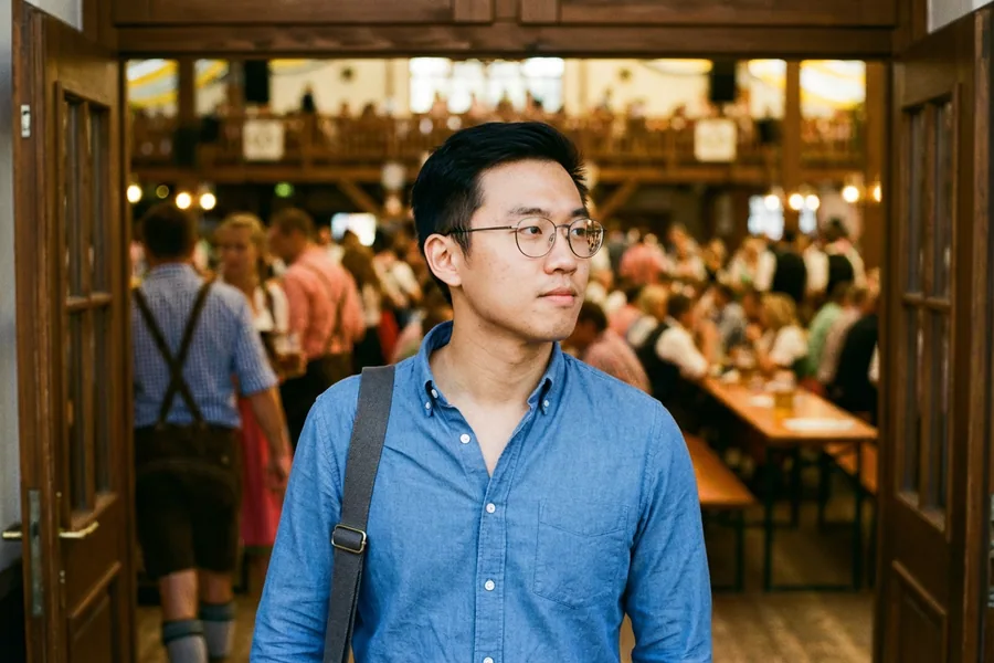 James Wu at the Festhalle entrance, Saturday at 3:04 p.m.