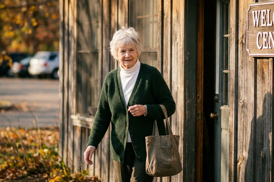 Clair Nordgren, 79, at the Welcome Center's employee-only side door, Tuesday 12:49 p.m.