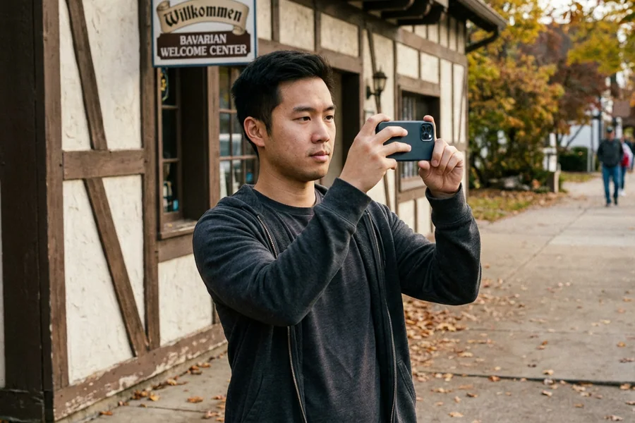 Derek Lin, 28, recording into his phone at the Welcome Center sidewalk, Tuesday 12:19 p.m.