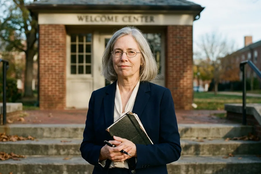Professor Henrietta Kaufmann, 66, on the Welcome Center's front steps, Tuesday 12:34 p.m.