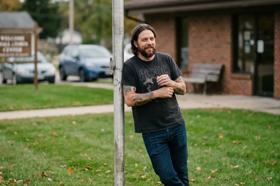 Jonas Thornberg, 42, leaning against the front-lawn flagpole, Tuesday 12:41 p.m.