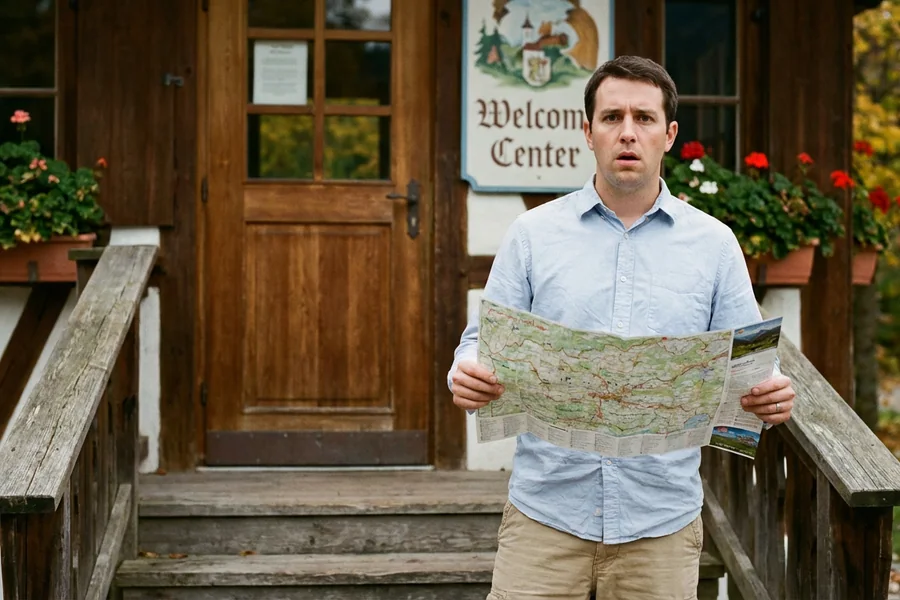 Karl Eichenauer, 34, at the Welcome Center's front steps, Tuesday 12:02 p.m.