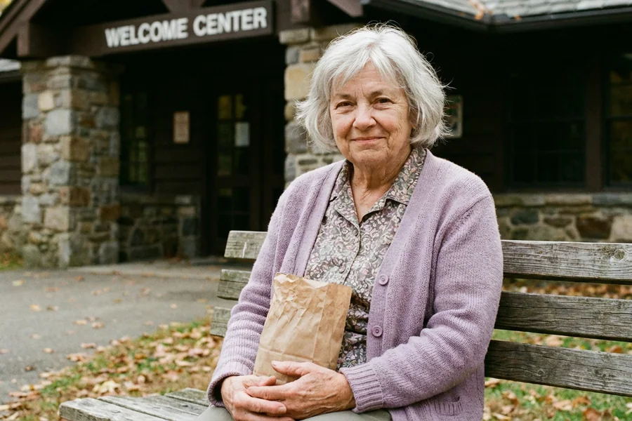 Martha Trovanian, 71, on the Welcome Center's front bench, Tuesday 12:11 p.m.