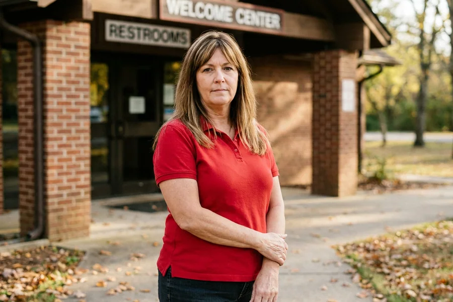Wanda Crabbe, 58, outside the Welcome Center's restroom wing, Tuesday 12:28 p.m.